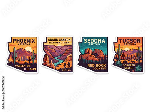 Vibrant Arizona Travel Sticker Collection: Iconic Landmarks, Desert Landscapes, and National Park Views Illustration