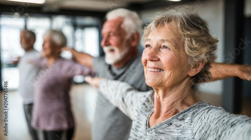 Seniors enjoying a gentle exercise class together in a bright care center setting