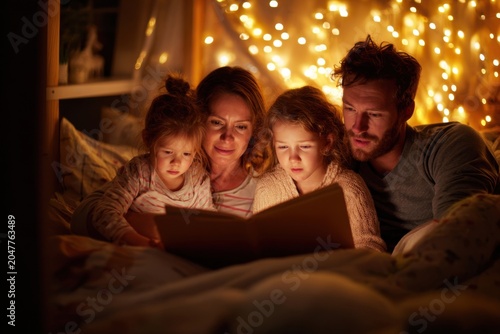Family enjoys a cozy bedtime story with warm fairy lights in a tent