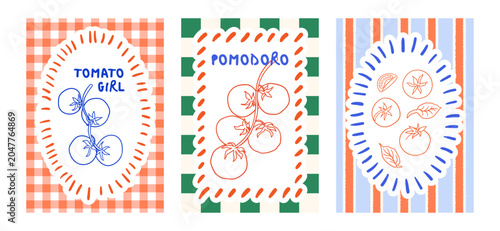 Set of posters with hand drawn tomatoes and frames on checkered and striped backgrounds. Summer vector illustration
