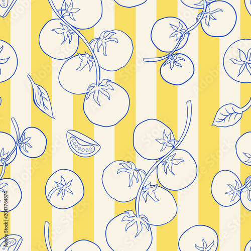 Seamless pattern with hand drawn tomato branches on striped background. Vector line background in vintage style