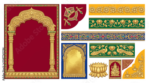 Indian Thanjavur Tanjore Painting Gold Relief Border Frame Vector Set with Raised Gesso Deity Lotus Throne Jeweled Crown Gopuram Arch Peacock Pearl and Gold Foil Design