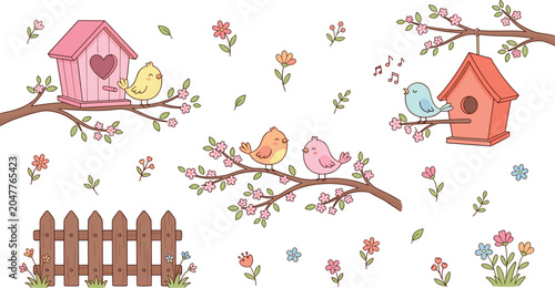 Photography "Charming spring birds and birdhouses vector illustration with blossoms, fence,