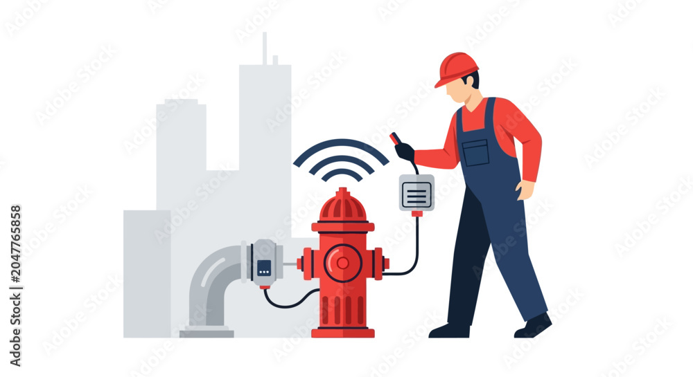 Naklejka premium Professional Technician Monitoring a Smart City Fire Hydrant with IoT Technology and Wireless Connectivity Vector Illustration