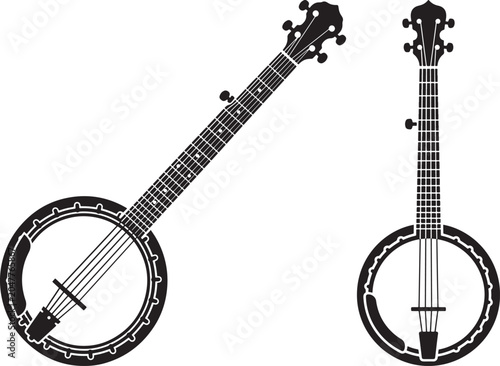 Two black silhouette icons of banjo musical instrument on white background with instrument silhouette bluegrass acoustic