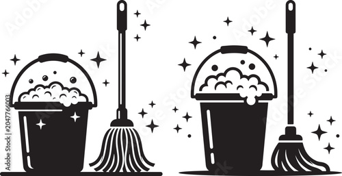 Cleaning bucket with mop and soap suds silhouette set, housekeeping equipment isolated on white background, cleaning