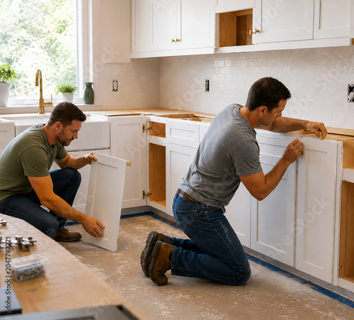 Two men reface white kitchen cabinets during a home renovation, carefully aligning replacement doors and hardware in a bright modern kitchen with tile backsplash, work dust, and renovation tools.