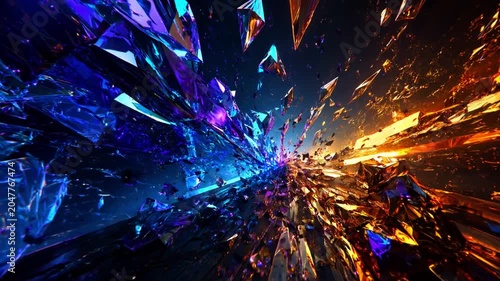 Blue and orange crystalline shards clashing and exploding against each other, creating a dynamic collision of abstract shapes and glowing particles against a deep, dark background