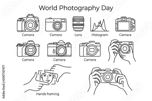 Photos World photography day line art icons cameras lenses and photographic concepts