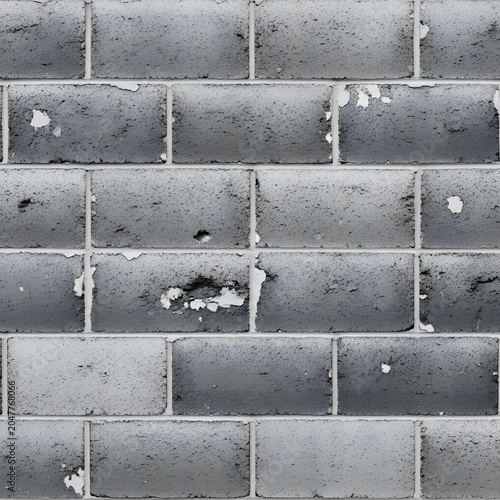 Brick wall features weathered grey surfaces with peeling paint and visible mortar joints in a repetitive industrial pattern.