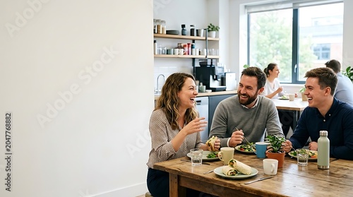 Diverse colleagues enjoying lunch break together, sharing food and conversation in a modern office kitchen, fostering teamwork and positive workplace atmosphere