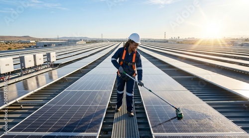 Dedicated worker diligently performing maintenance on a vast solar panel array, ensuring optimal efficiency for clean energy production under a bright sky