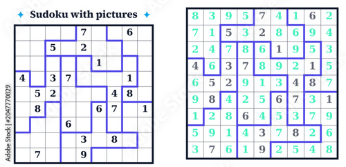 Sudoku puzzles with pictures and numeric grids in vibrant colors  