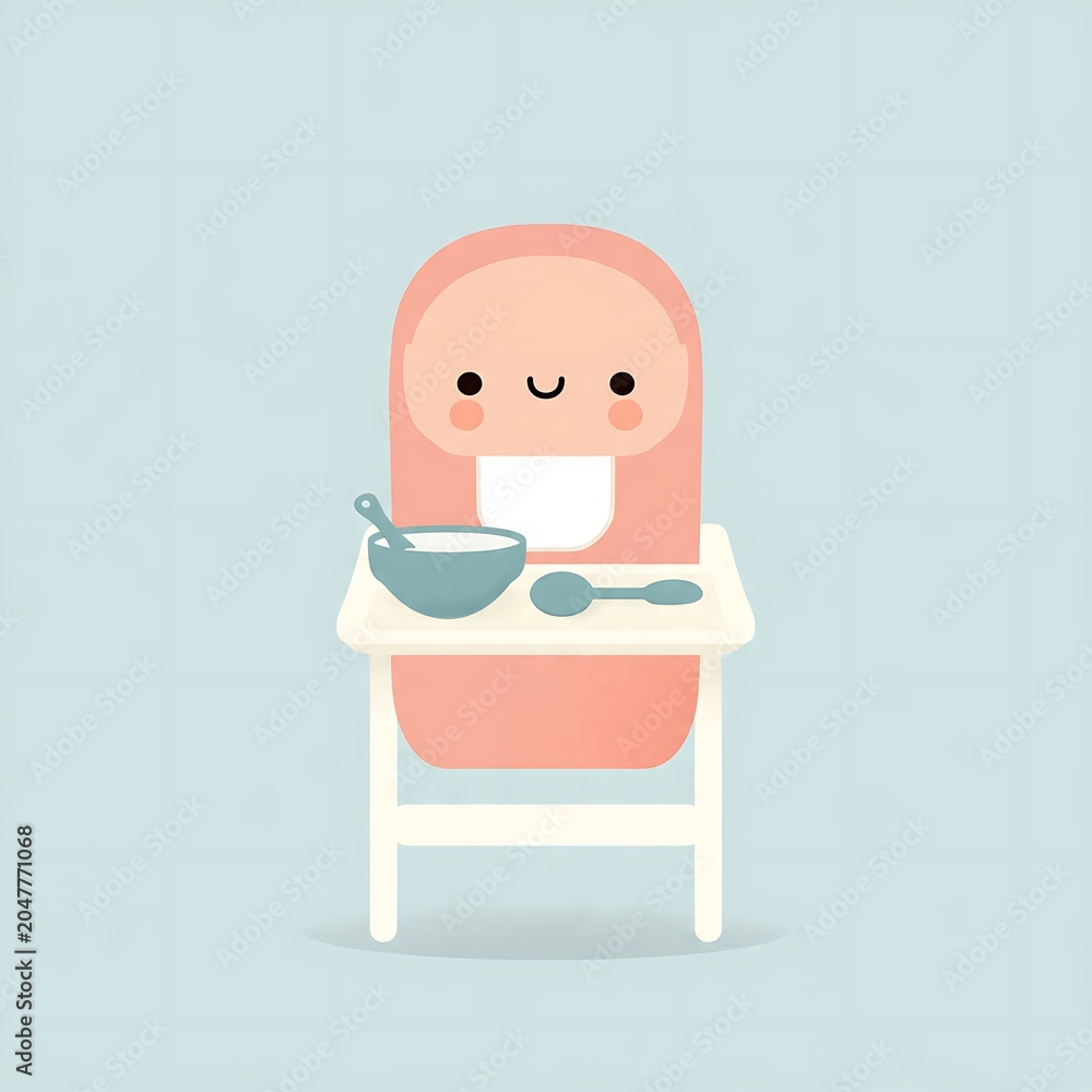 Fototapeta premium Cute smiling cartoon face holding a white cup with blue rim.