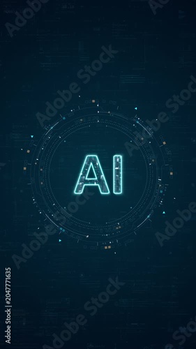 Motion graphic of artificial intelligence concept with vertical technology HUD interface, glowing AI letters, rotating data rings, and futuristic background for tech promotion.