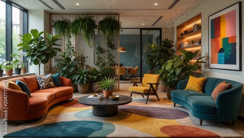 Active Open Office, Team Collaboration Space, Dynamic Workspace, Modern Coworking Environment, Productive Office Scene.