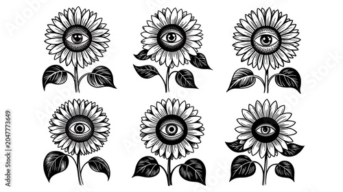 Mystical Sunflower Eye Illustration Set – Black and White Surreal Botanical Art