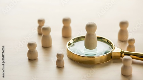 Magnifying glass focusing on one wooden figure from a group, representing talent identification, strategic selection, and finding the right individual for business, recruitment, and leadership