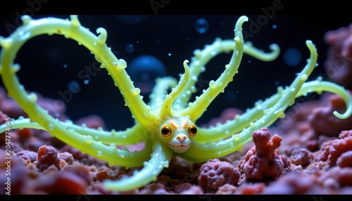 The image features a fantastical marine creature that has the body and tentacles of an octopus but the face of a small mammal, resembling a cat or a similar animal
