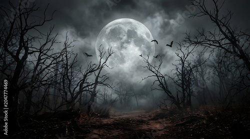 Spooky moonlit forest with bare trees and bats flying