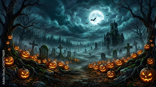 Spooky halloween cemetery with jack o' lanterns and gothic chapel at night