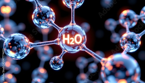 The image depicts a molecular structure of water, with a central atom labeled 