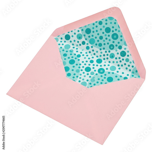 Pink envelope with colorful polka dot pattern inside isolated on transparent background