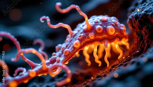 The image depicts a microscopic view of a vibrant, alien like organism with a rounded body covered in textured, bubble like structures