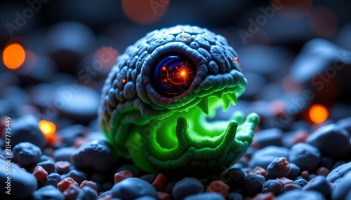 The image depicts a fantastical creature with a large, textured eye that glows with intense red and orange hues at its center, surrounded by a wrinkled, bulbous head