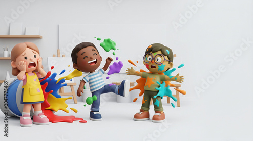 Three 3D Rendered Children Playing with Paint, Back to School