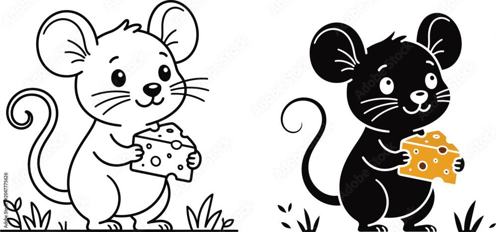 Naklejka premium Cartoon Mouse Holding Cheese Black And White Line Art Illustration