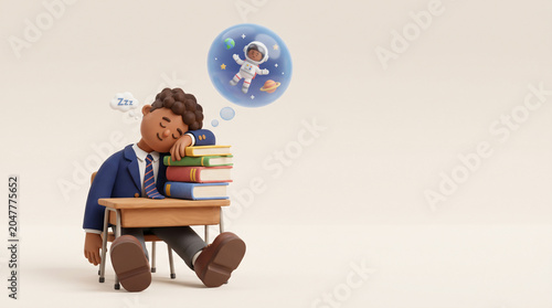 Student sleeping on books dreaming of being an astronaut, Back to School