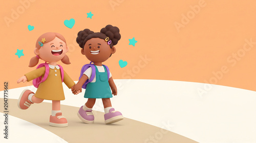 Two Happy School girls Walking Together Holding Hands, Back to School