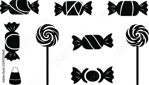 Bild auf Leinwand Black silhouette candy collection lollipops wrappers and halloween treats