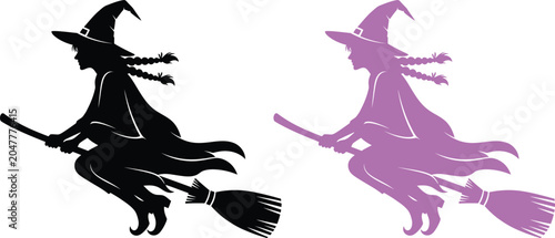 Quadro su tela Witch on broomstick silhouette set black and lavender versions