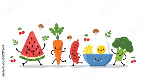 Group of adorable cartoon food characters like watermelon, carrot, and broccoli celebrating healthy eating habits together.