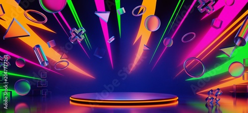 abstract backgound video game of scifi gaming cyberpunk, vr virtual reality simulation and metaverse, scene stand pedestal stage, 3d illustration rendering, futuristic neon glow room