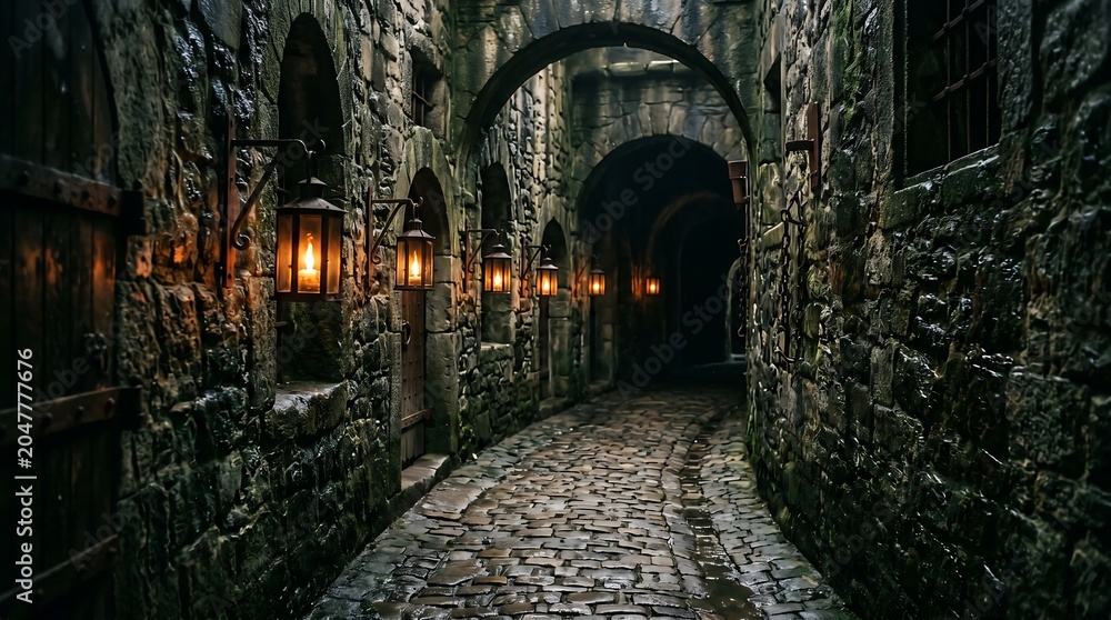 Obraz premium Ancient stone corridor with hanging lanterns and cobblestone path leading into darkness