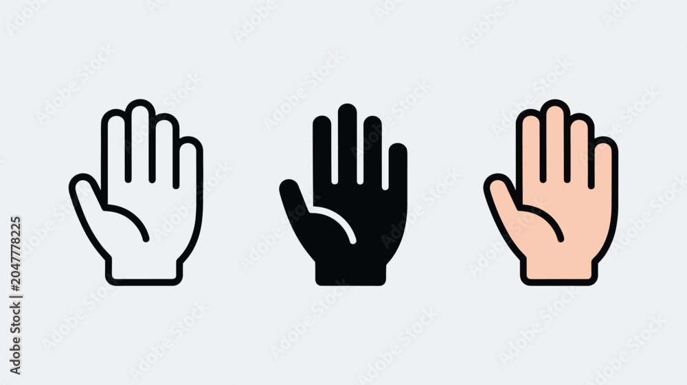 Fototapeta premium Hand gesture icons showing palm in outline solid and skin tone colors.