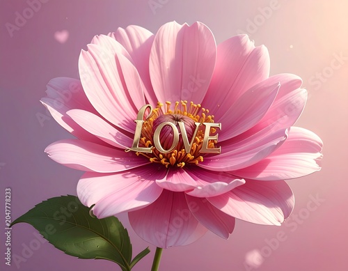 A pink flower with gold 'LOVE' text in center