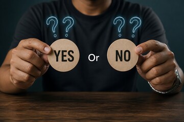 Person holding wooden signs with yes and no to represent decision making