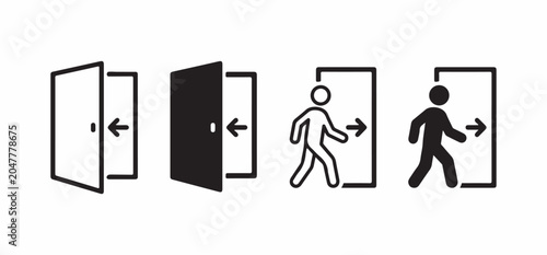 Foto Emergency exit and entry door icon set with walking person and arrow vector silh