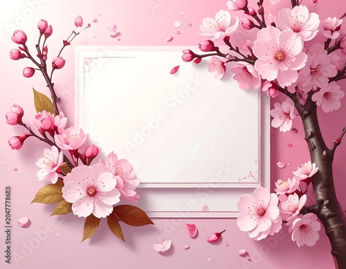 A pink frame surrounded by cherry blossoms and petals on a gradient pink background