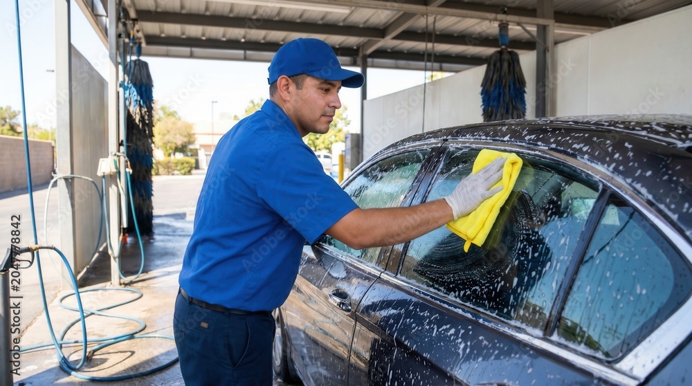 Fototapeta premium Car Wash Worker Cleaning Vehicle Window