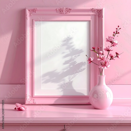 A pink frame with a vase of flowers on a shelf casting shadows