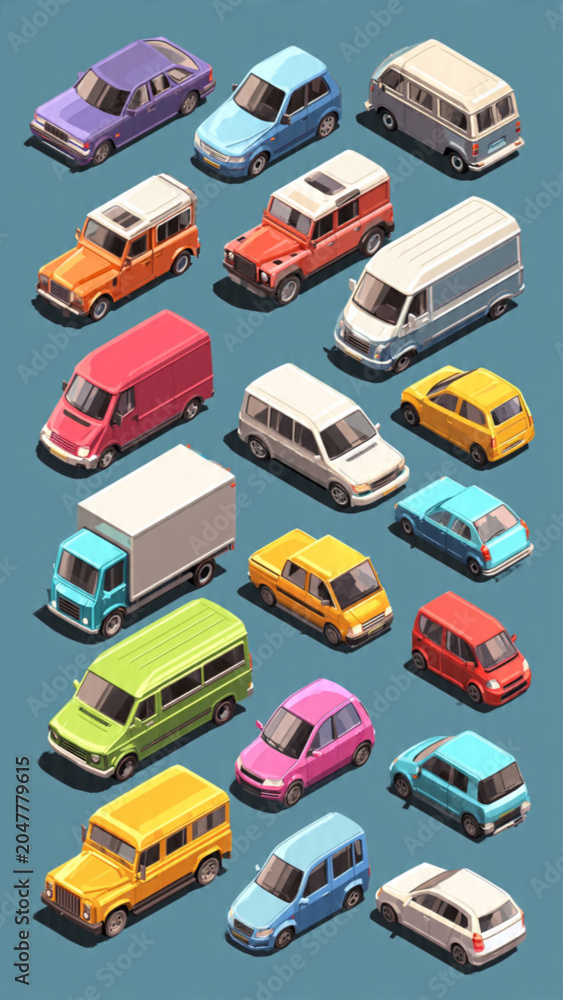 Fototapeta premium Collection of Colorful Miniature Buses and Vans.
