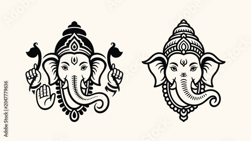 Tableau sur toile Two head portraits of ganesha lord in black and white line art style for religious design