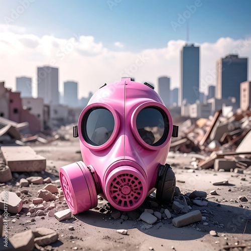 A pink gas mask sits on rubble amidst a cityscape backdrop
