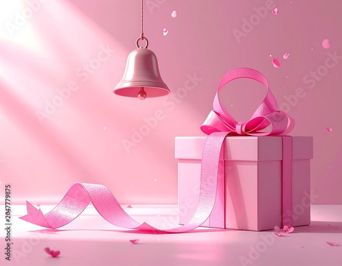 A pink gift box adorned with a bow and ribbon beside a bell