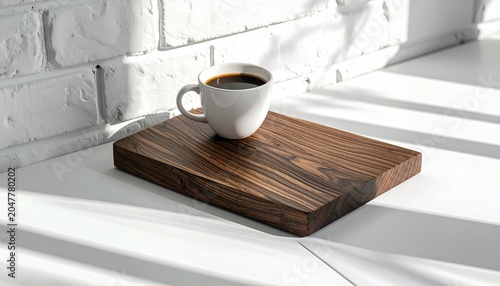 A coffee mug filled with dark liquid sits atop a wooden tray near a brick wall, sunlight